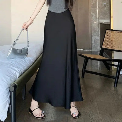 Elegant Satin Long Skirts Women Korean Fashion Clothes Elastic High Waist Black Skirt 2025 Streetwear Summer A Line Midi Skirt