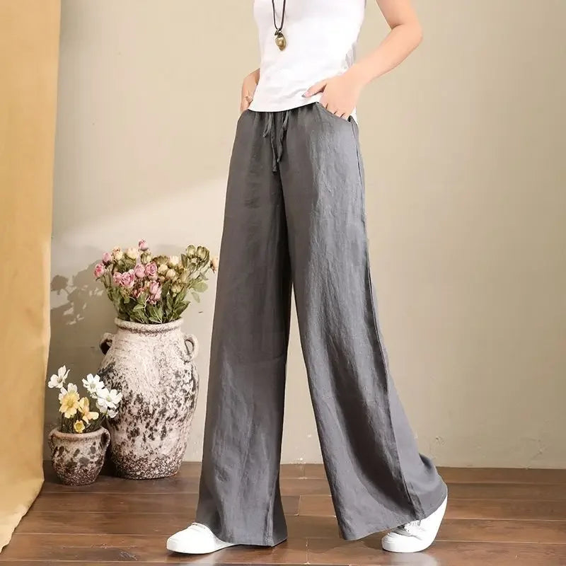 Wide-leg Pants Spring Casual Women's Versatile Loose Cotton Linen High-waist Drawstring Straight Trousers