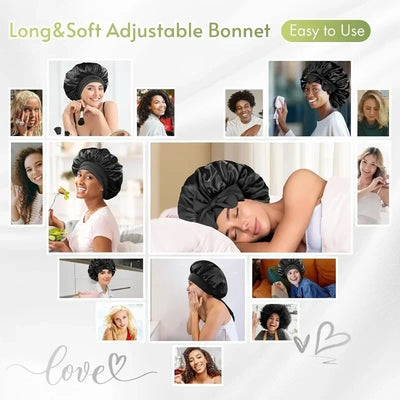 Silk Bonnet for sleeping Women Satin bonnet Hair Bonnet Night Sleep Cap Scarf wrap for Curly Hair with tie Band Black