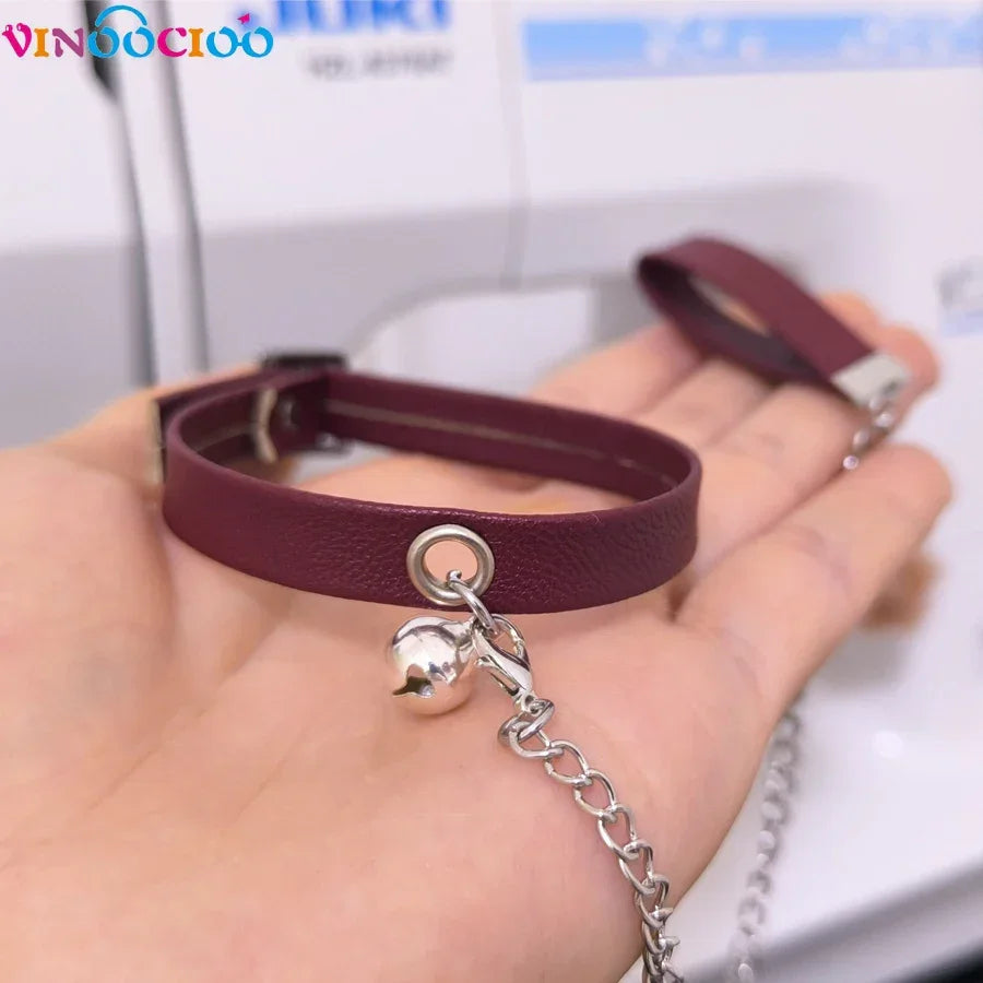 20cm Cotton Doll Choker Skull Necklace with Chains Bell Leather Leadrope Handmade Cotton Doll Accessories