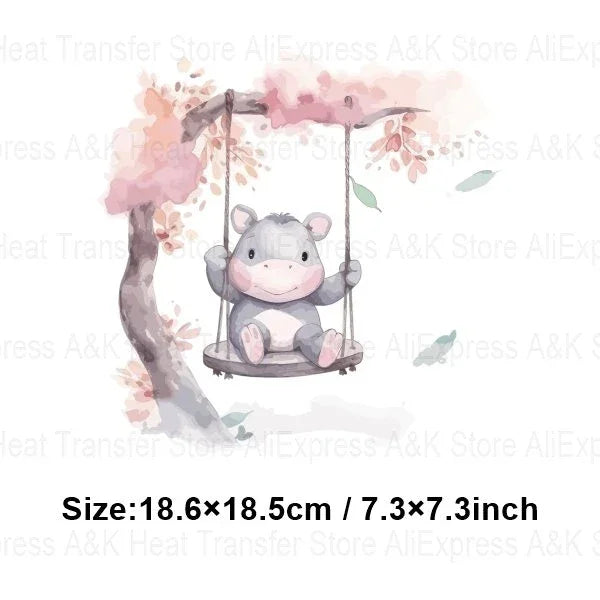 Baby Animal On Swings Heat Transfers For Kids Clothing Elephant Tigers Lion Stickers On Clothes Diy Thermal Patches Decals