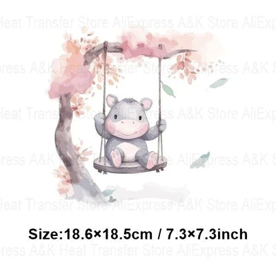 Baby Animal On Swings Heat Transfers For Kids Clothing Elephant Tigers Lion Stickers On Clothes Diy Thermal Patches Decals
