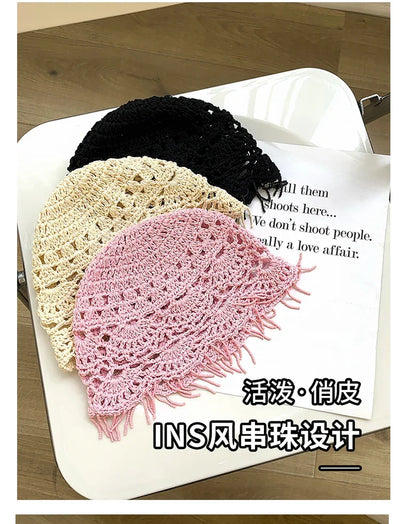 Personalized Beaded Fringed Knitted Beanies for Women Summer Autumn Thin Hollow Versatile Casual Retro Ethnic Style Pullover Hat