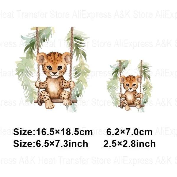 Baby Animal On Swings Heat Transfers For Kids Clothing Elephant Tigers Lion Stickers On Clothes Diy Thermal Patches Decals