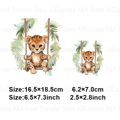Baby Animal On Swings Heat Transfers For Kids Clothing Elephant Tigers Lion Stickers On Clothes Diy Thermal Patches Decals