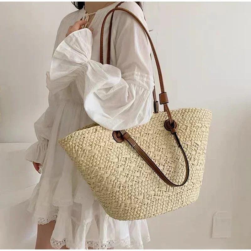 Designer bohemian chic shoulder bag,solid color large capacity straw woven tote bag,nature-inspired beach vacation
