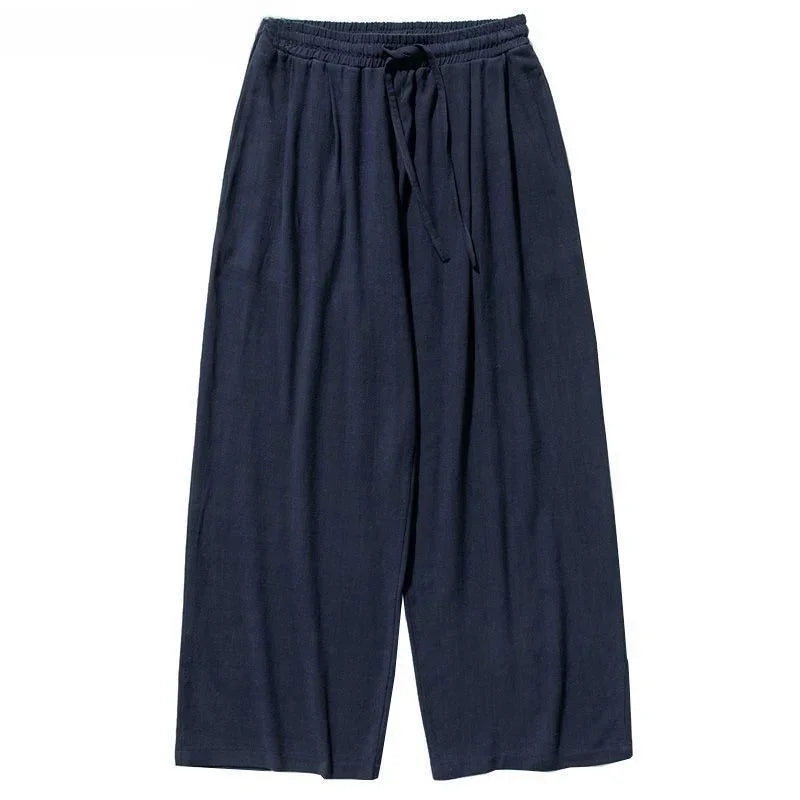 Summer Large Size Linen Cotton Wide Leg Pants Men Casual Comfortable Loose Fit Straight Leg Trousers Long Pants