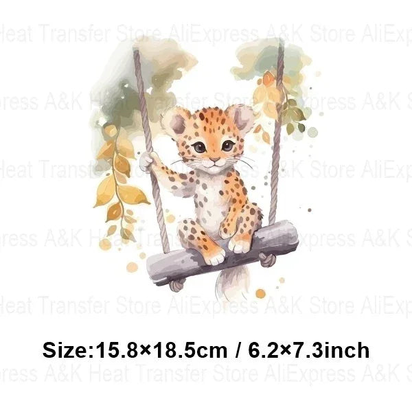 Baby Animal On Swings Heat Transfers For Kids Clothing Elephant Tigers Lion Stickers On Clothes Diy Thermal Patches Decals