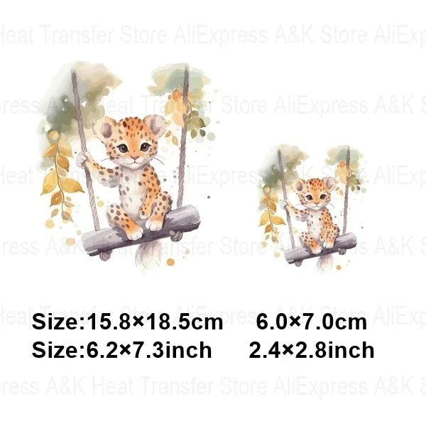 Baby Animal On Swings Heat Transfers For Kids Clothing Elephant Tigers Lion Stickers On Clothes Diy Thermal Patches Decals