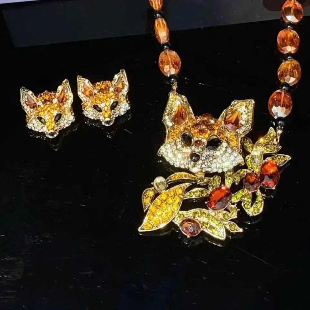 Luxury crystal cat necklace earrings beaded exaggerated rhinestones pendant accessories neck jewelry