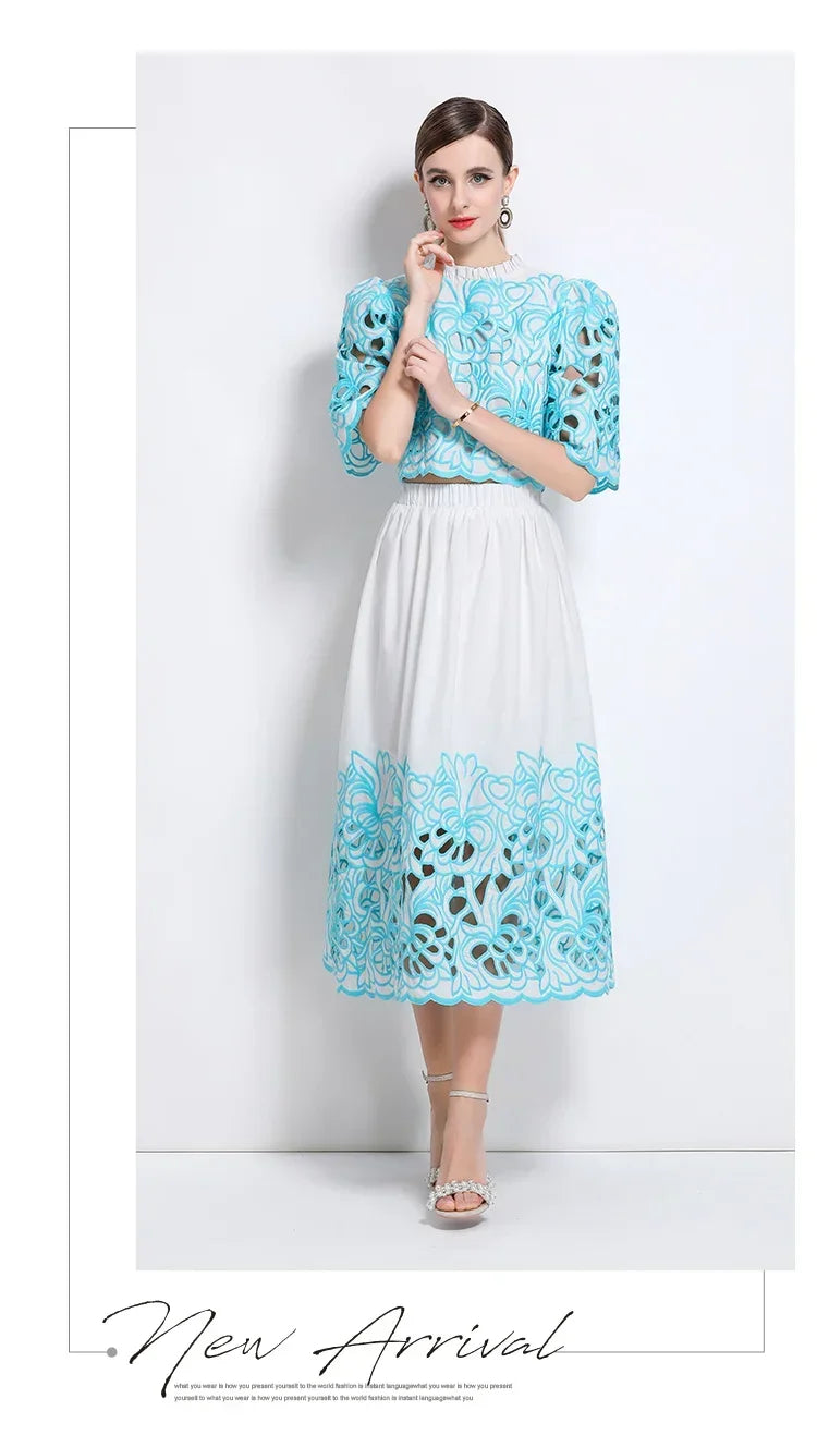 Summer Short Sleeve A-LINE Set Skirt for Women Fashion Ruffled Collar Embroidery Set Skirt Women Vestidos De Verano Mujer Q344