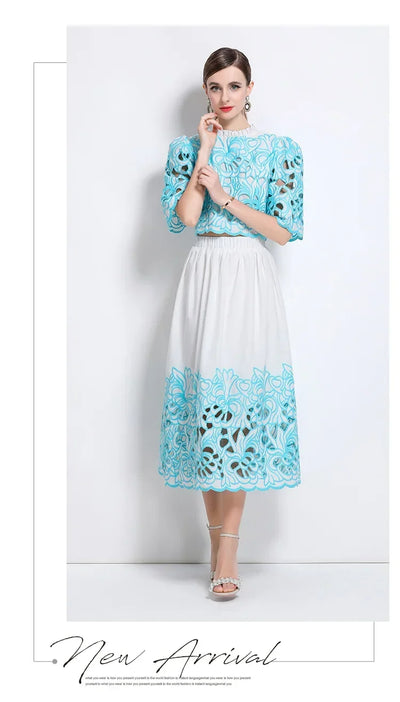 Summer Short Sleeve A-LINE Set Skirt for Women Fashion Ruffled Collar Embroidery Set Skirt Women Vestidos De Verano Mujer Q344
