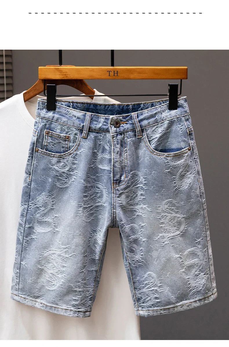 2024 New Men's Denim Shorts Fashion Printed Designer Jeans Personality High Street Straight Male Clothes Short Pants