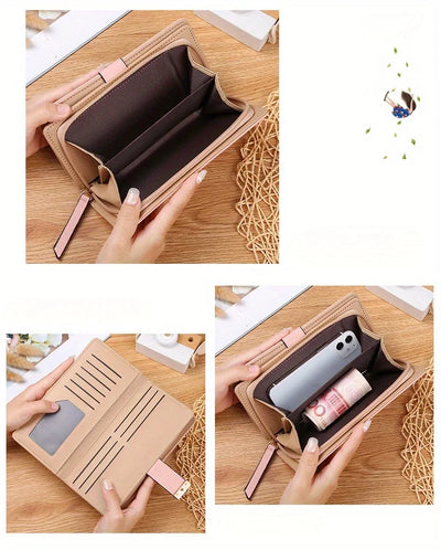 Elegant Women's Wallet With Hollowed-Out Leaf Design, Bifold Long Zippered Clutch, PU Leather Mobile Phone Bag Card Coin Purse