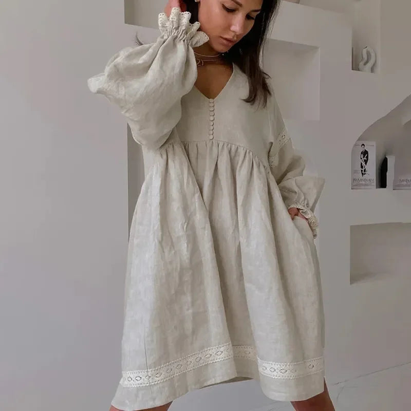 Summer Cotton Linen French Style Dress Commuter Fashion Patchwork Lace Casual Loose Dress Women Sexy V Neck Lantern Sleeve Dress