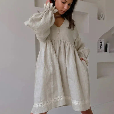Summer Cotton Linen French Style Dress Commuter Fashion Patchwork Lace Casual Loose Dress Women Sexy V Neck Lantern Sleeve Dress