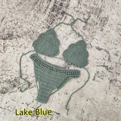 3 Piece Hand Crochet Beach Bikini Set Women Swimwear Cover UP Mini Skirt Swimsuit Suit