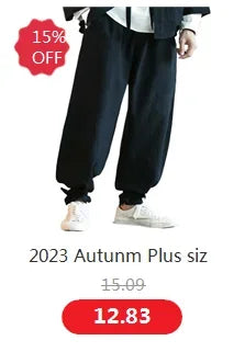 Wide leg Pants Men Streetwear Baggy Loose Pants M-8XL Plus size Ankle length Trousers cotton linen pants Black white khaki