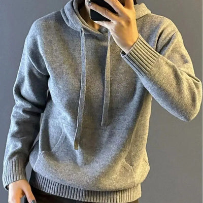 Hooded Pullover Sweater For Men Casual Daily Wear Solid Color With Front Pocket Computer Knitted Design