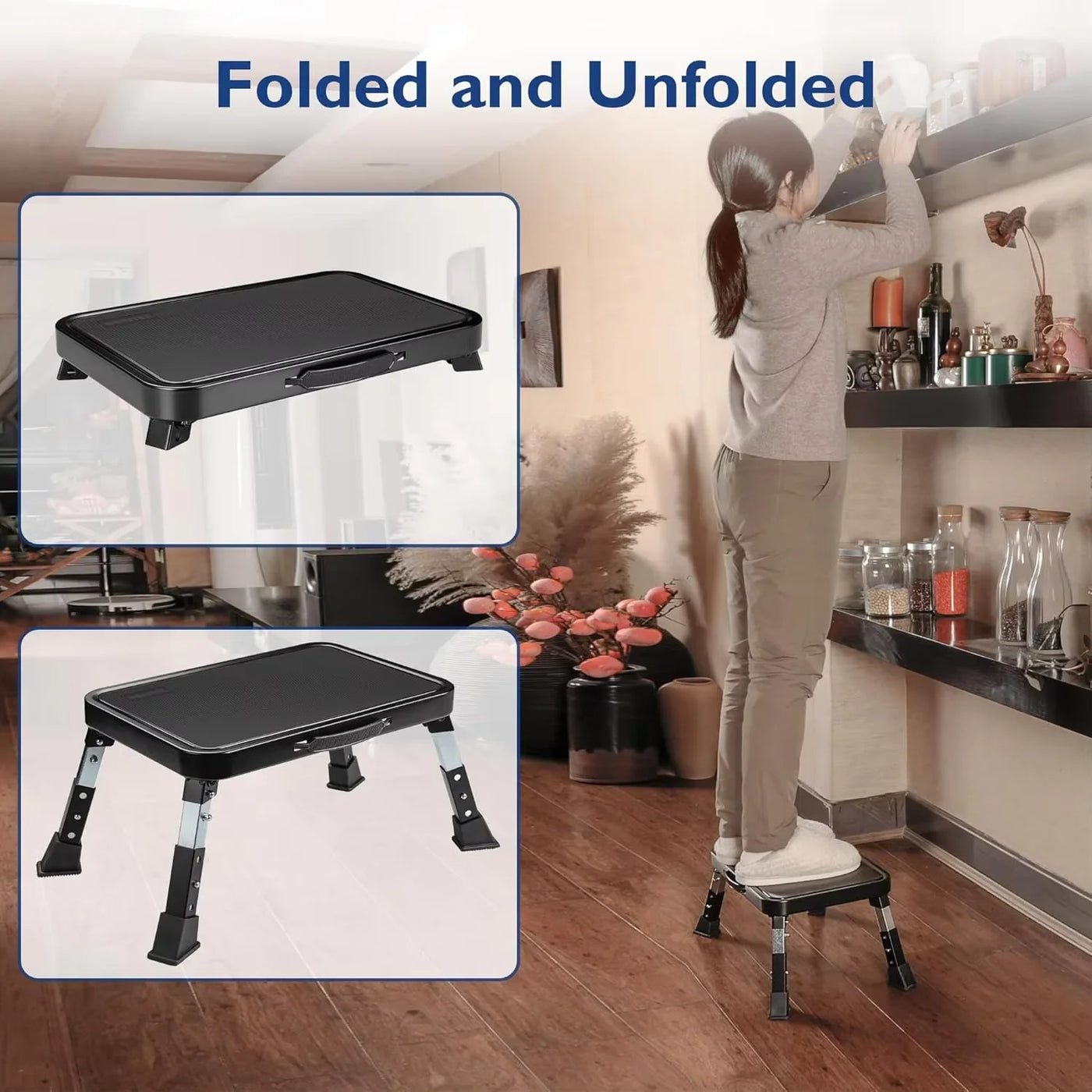 3-step adjustable folding step stool, foldable step stool, safer metal step stool for bedrooms, kitchens, offices, SUVs, etc. fo