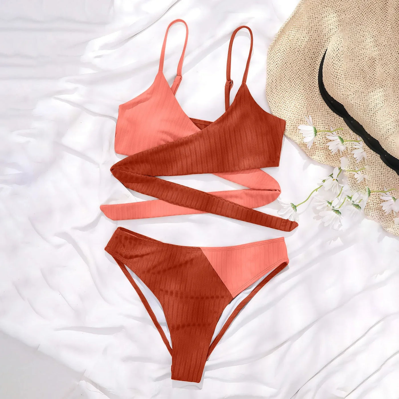 Summer Ladies Sexy High Waist Print Two Piece Bikini Sets Biquini Women Swimsuit Clothing Set Color Block Mujer Swimwear Suits