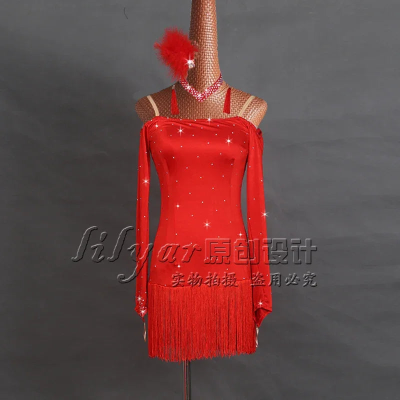 Latin Dance Performance Dress New Women's Customized Big Red Waist Fringe Dance Dress