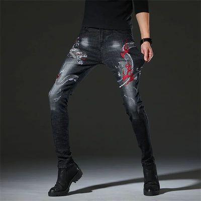 Men's Chinese Dragon Embroidery Jeans Fashion Kylin Embroidered Slim Pencil Pants Stretch Denim Trousers jeans for men pants