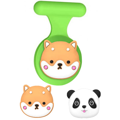 Green silicone AirTag holder case with dog and panda designs for kids
