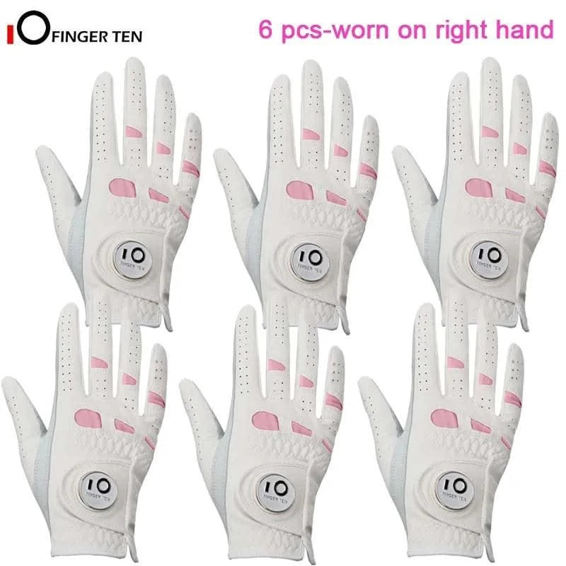 6 Pcs Rain Grip All Weather Womens Golf Gloves Ladies Left Hand Right Soft Cabretta Leather Glove with Ball Marker for Women