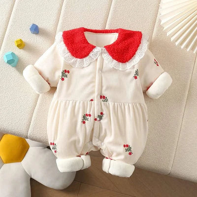 Cute & Thick Floral Peter Pan Collar Fur Lining Jumpsuit/Romper |Fall Winter Baby Clothes 0-2Y Girls |  Newborn |Toddler Outwear