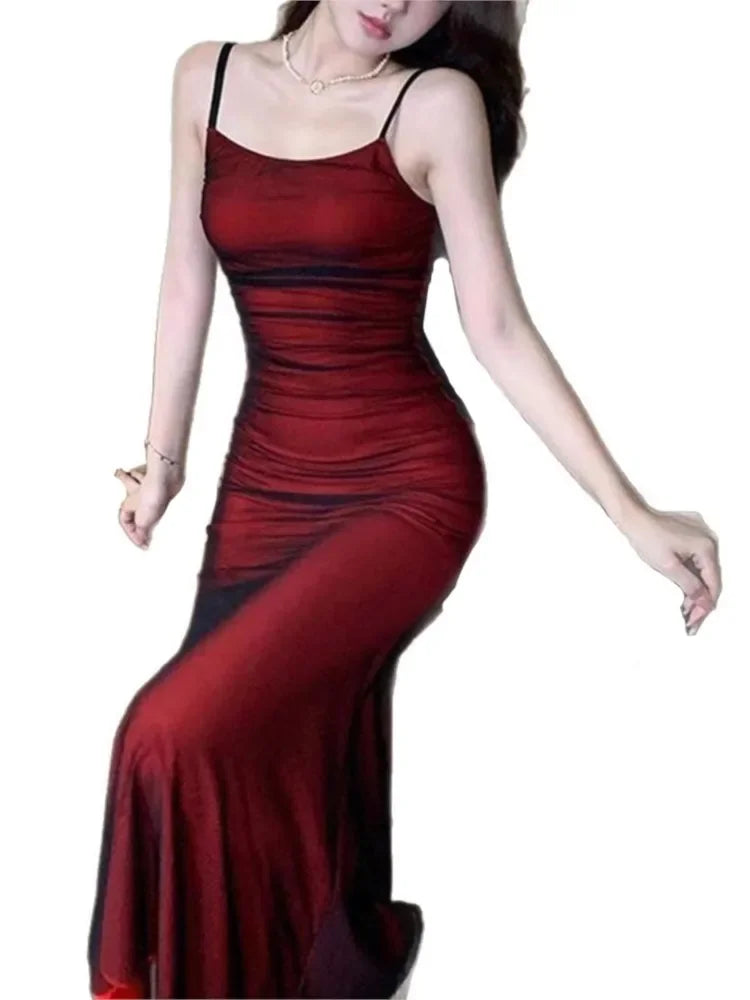 Summer Satin Sleeveless Slip Dress Women Fishtail Ruffle Elegant Fashion Ladies Dresses Slim High Waist Woman Long Dress