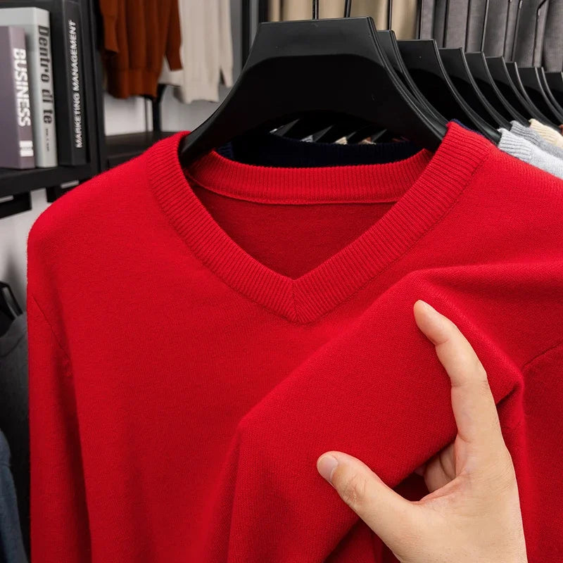 New Sweatwear Men's V Neck Basic Solid Color Sweaters Round Neck Elastic Pullovers Warm Autumn Knitted Oversized Sweater Men