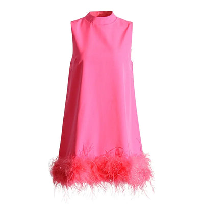 A-line Skirt 2025 Spring New Style Stand-up Collar Sleeveless Solid Color Feather Stitching Dress for Women