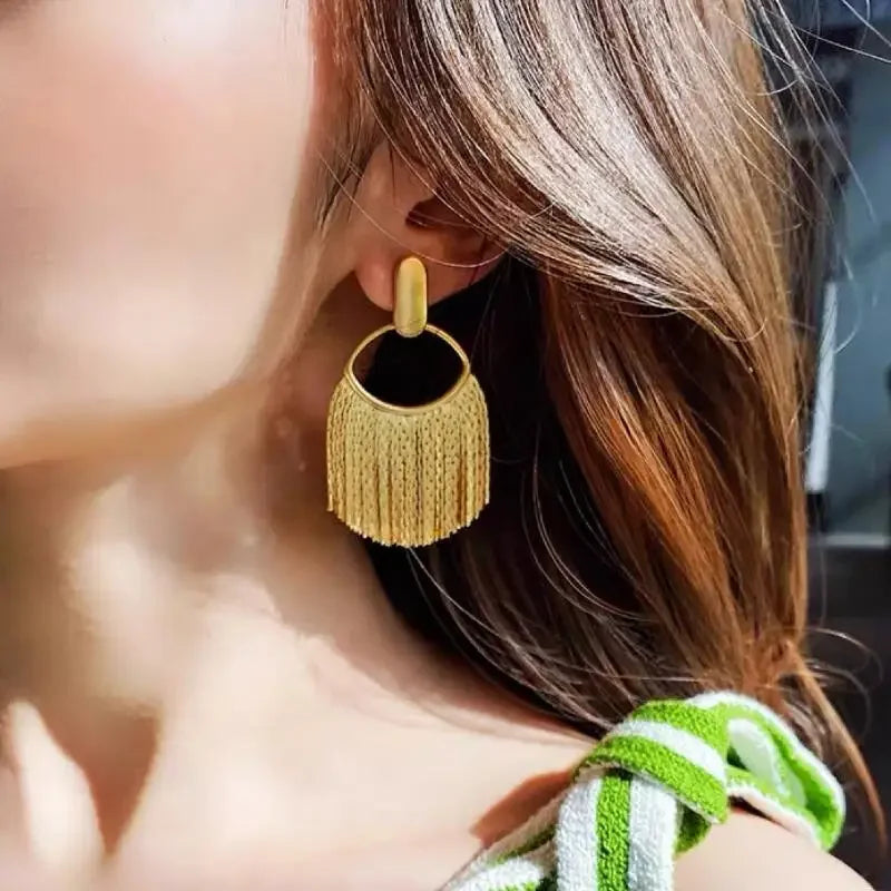 Fashion Statement Long Statement Gold Plated Bling Tassel Earring For Women Female Stainless Steel Wedding Daily Pendant Jewelry