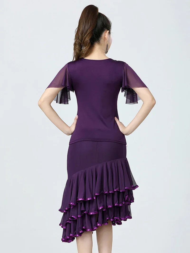 Adult Women Modern Dance Dress Social Dancewear Short Sleeve Mesh Fairy Top Large Swing Skirt Performance Dancing Costume