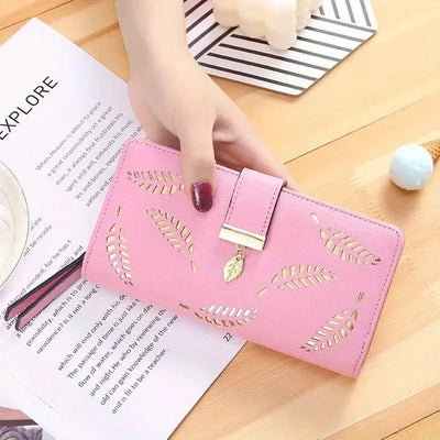 Elegant Women's Wallet With Hollowed-Out Leaf Design, Bifold Long Zippered Clutch, PU Leather Mobile Phone Bag Card Coin Purse