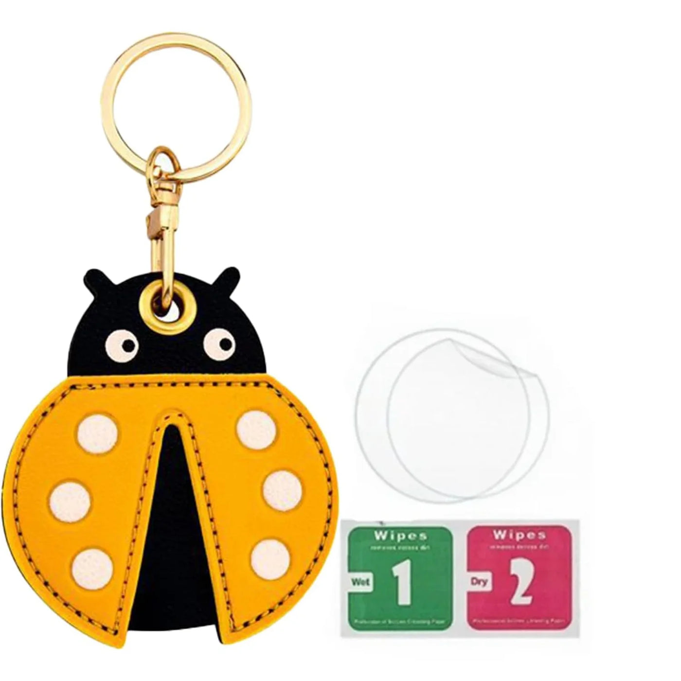 Yellow ladybug AirTag leather keychain holder with hand straps and gold hardware