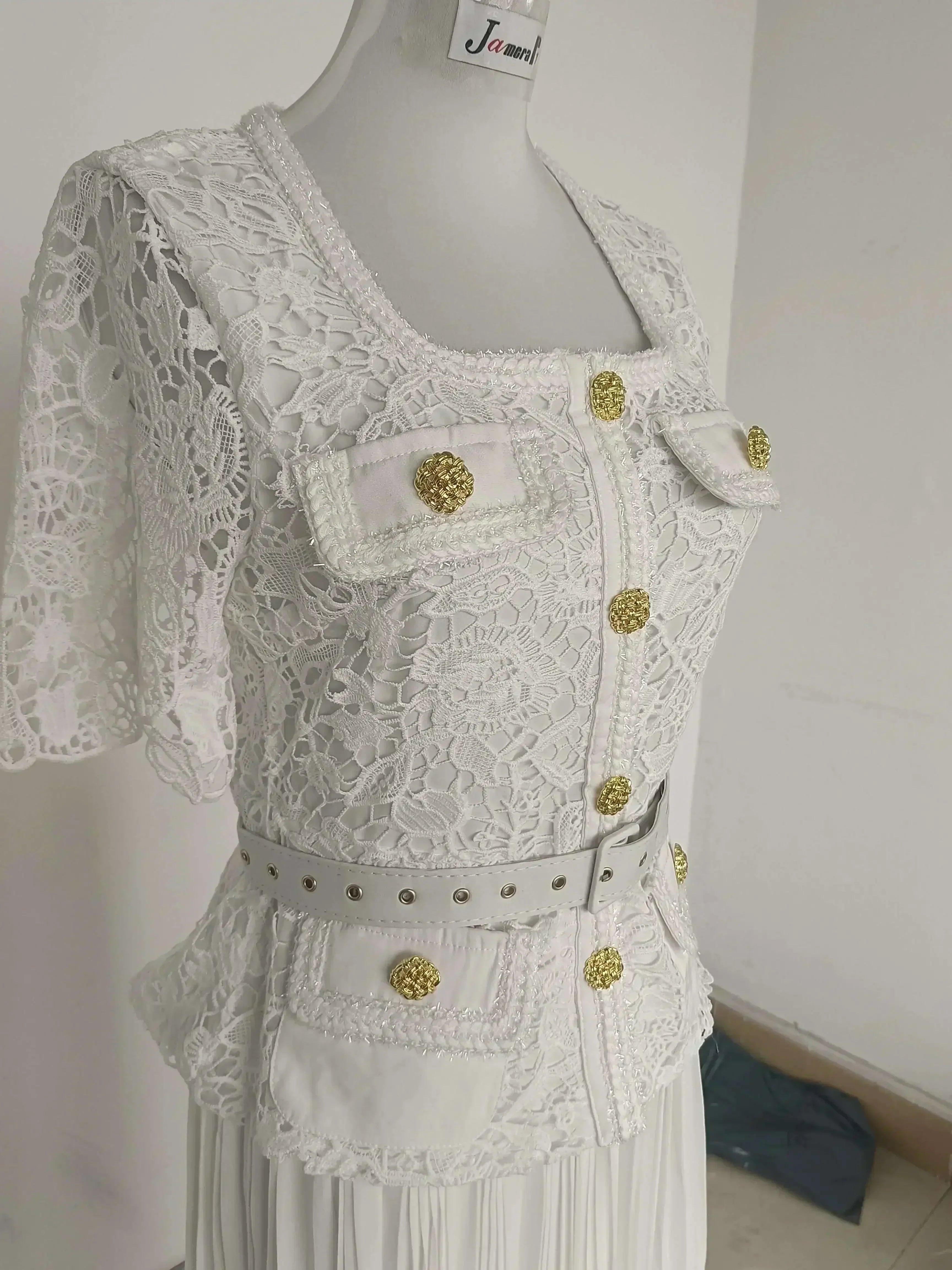 Luxury evening dress women summer vacation short sleeve pleated lace chiffon long dresses white single breasted midi