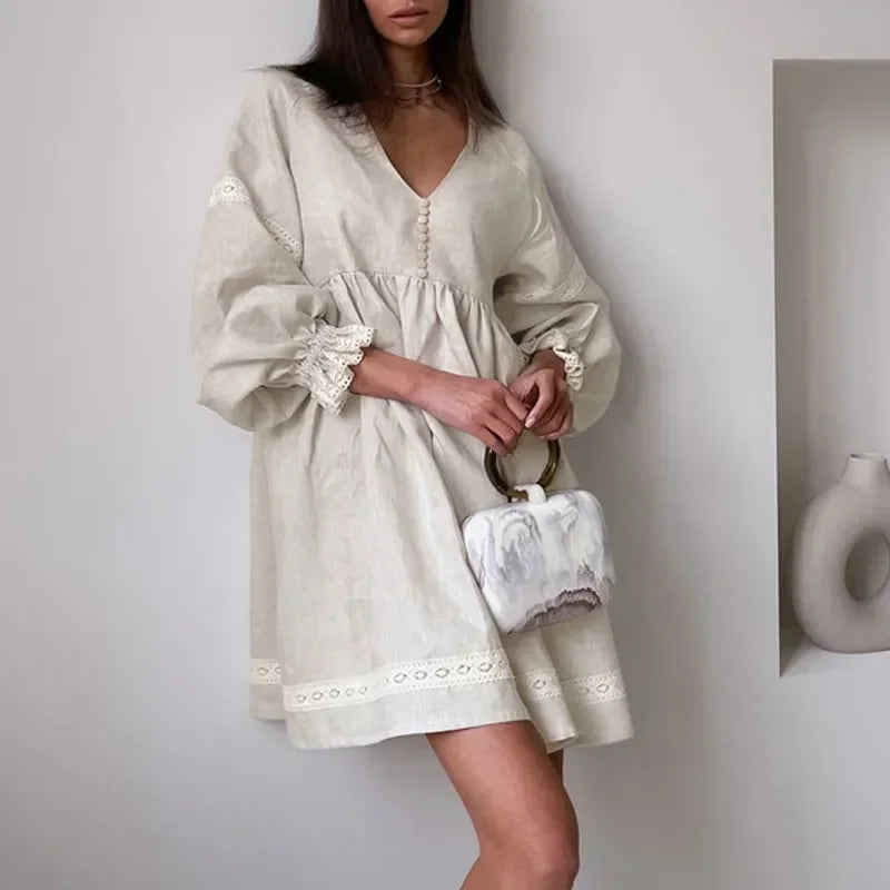 Summer Cotton Linen French Style Dress Commuter Fashion Patchwork Lace Casual Loose Dress Women Sexy V Neck Lantern Sleeve Dress