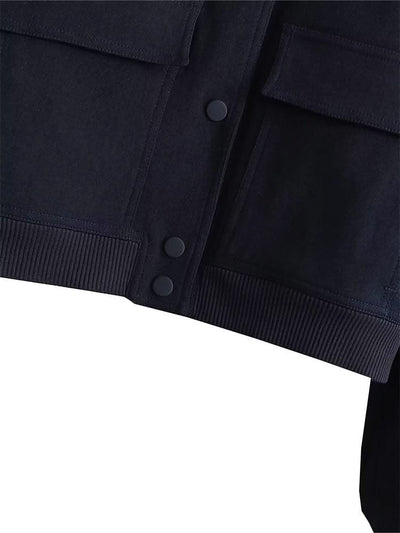 Women Fashion Solid Bomber Jackets Coat With Pockets V-Neck Single Breasted