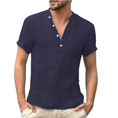 Linen Cotton Men's Shirt Henry Collar and Beach Pocket Casual Short Sleeved T-shirt Solid Color T-shirt Retro Streetwear