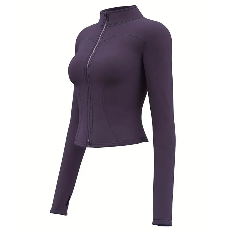 Women's Zip-Up Running Jacket Lightweight Stretchy Running Track Jacket with Thumb Holes, High Neck, Breathable Yoga Sportwear