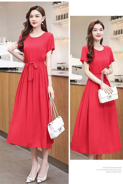 New Fashion Summer Dresses For Women 2025 Elegant Casual Short Sleeve Midi Dress Soild Colour Women Clothing