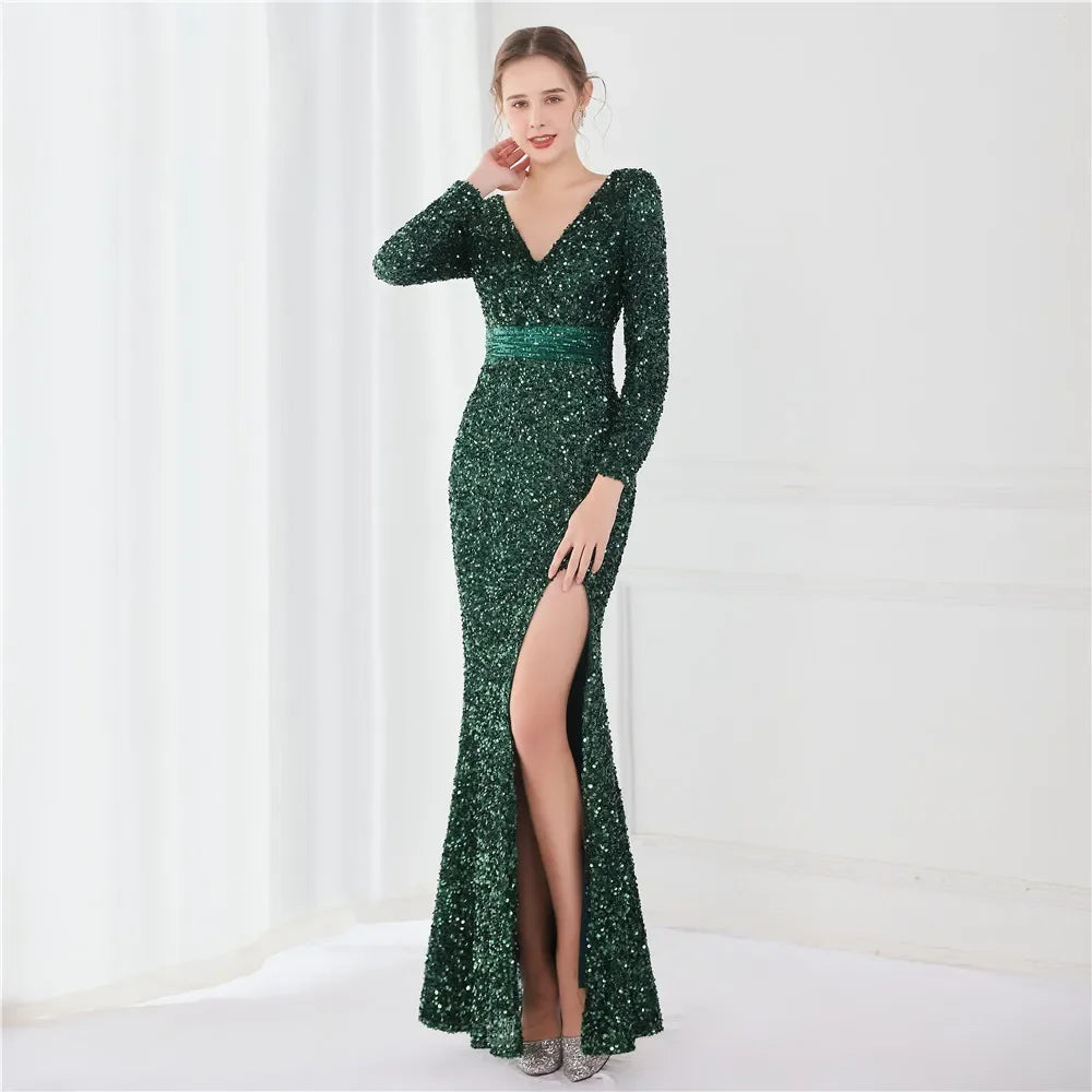 DEERVEADO Sexy Slit V Neck Black Sequins Evening Dress Women Mermaid Maxi Party Dresses Long Prom Dress