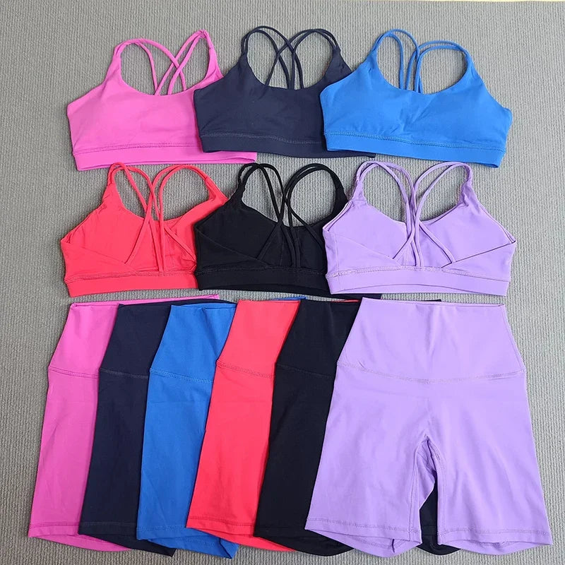 Yoga Shorts Set Gym Sports Set Women Fitness Suit Clothes 2 Piece Cross Back Bra Top High Waist Shorts Running Workout Tracksuit