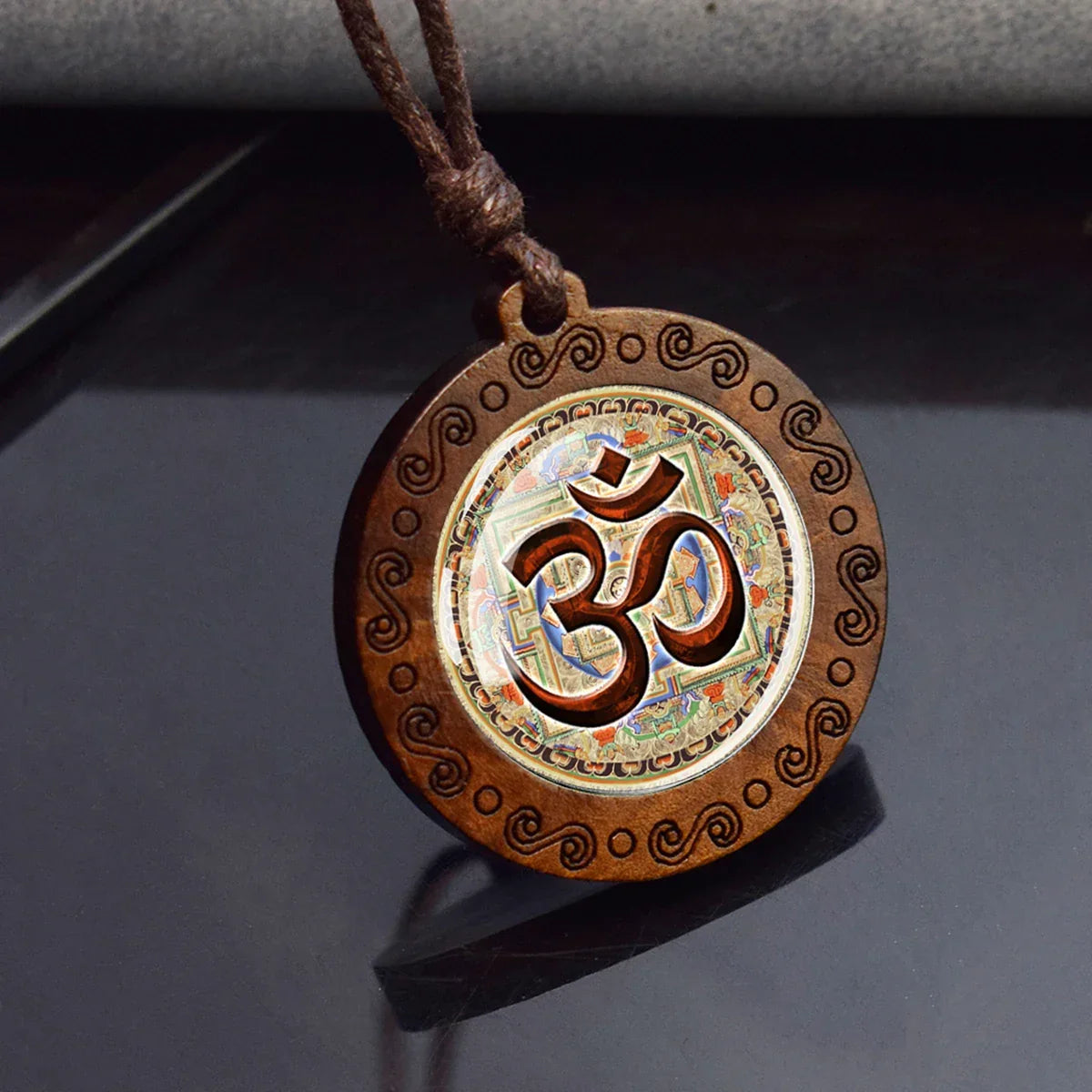 Hinduism Om Symbol Wood Glass Pendant Necklace Yoga Meditation Jewelry