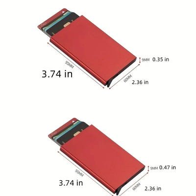 Red slim minimalist metal wallet with pop-up card slots, 95mm x 60mm x 3.74 inches