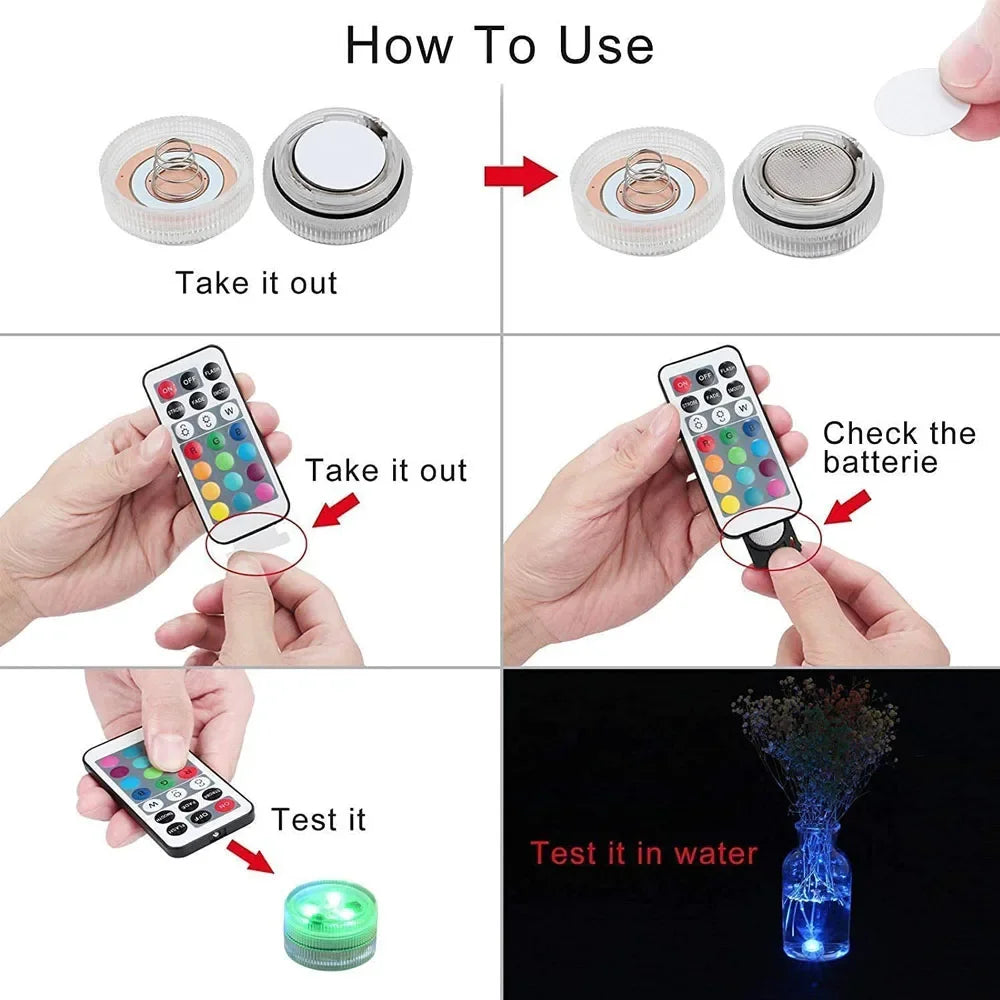 Mini Submersible LED Lights with Remote Control - Small Tea Light Underwater Light Battery Powered for Party Event Vase Fishtank