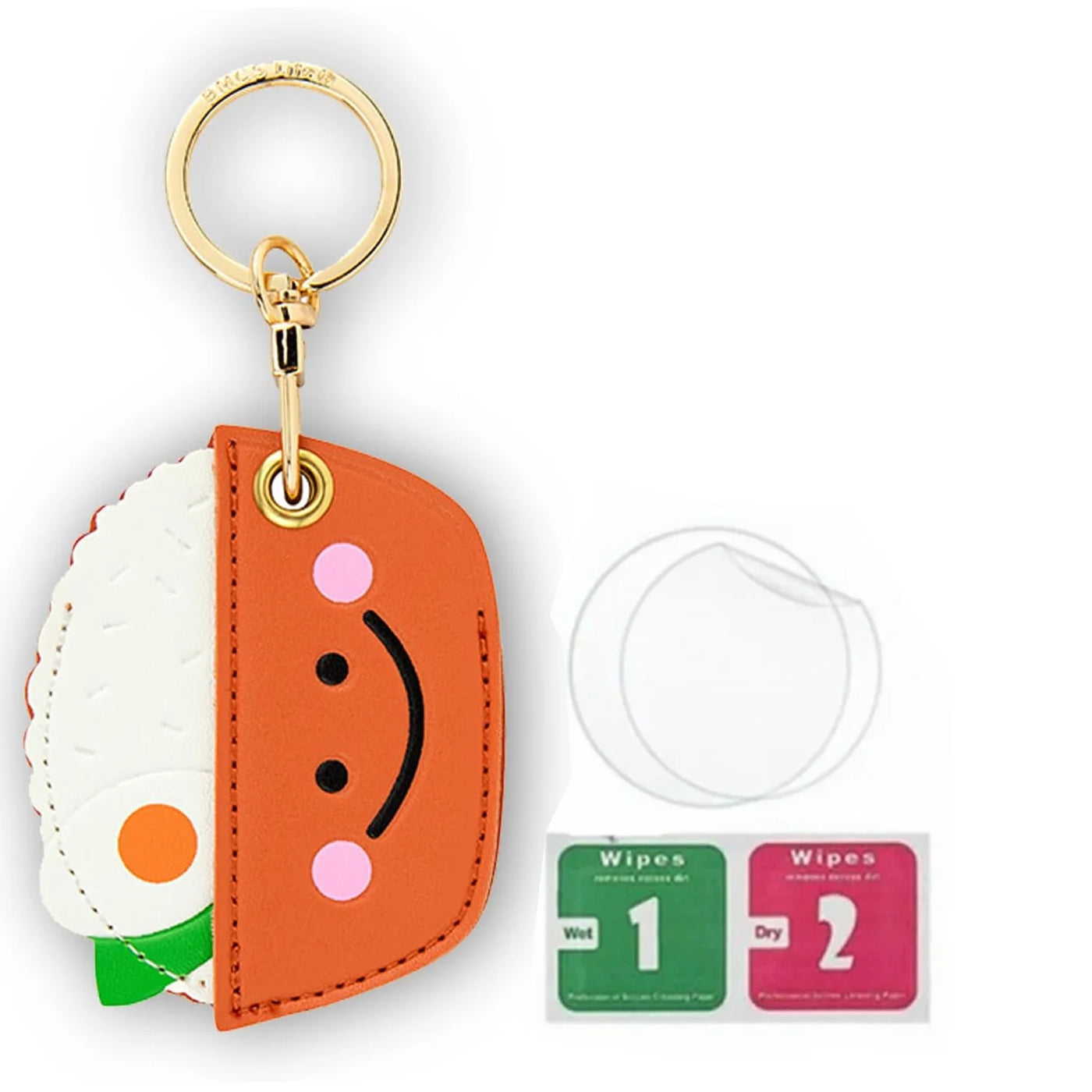 Orange white faux leather Airtag keychain wallet with smiley face and hand straps