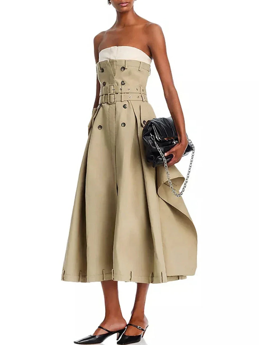VGH Ameican Retro Irregular Cargo Dresses for Women Strapless Sleeveless High Waist Spliced Double Sashaes Midi Dress Female New